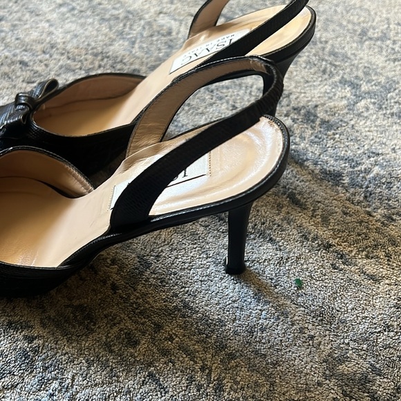 Isaac Made in Italy 8.5 Black Leather & Textile Sling Back Pointed Pumps - Picture 5 of 9